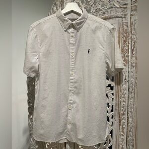 Allsaints Short-Sleeve White Oxford Shirt with Subtle Speckle & Logo